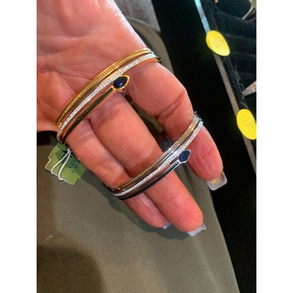 Stainless Steel MZ Collection Gold & Silver Tone Bangles With Blue Stone Accents - Picture 1 of 6